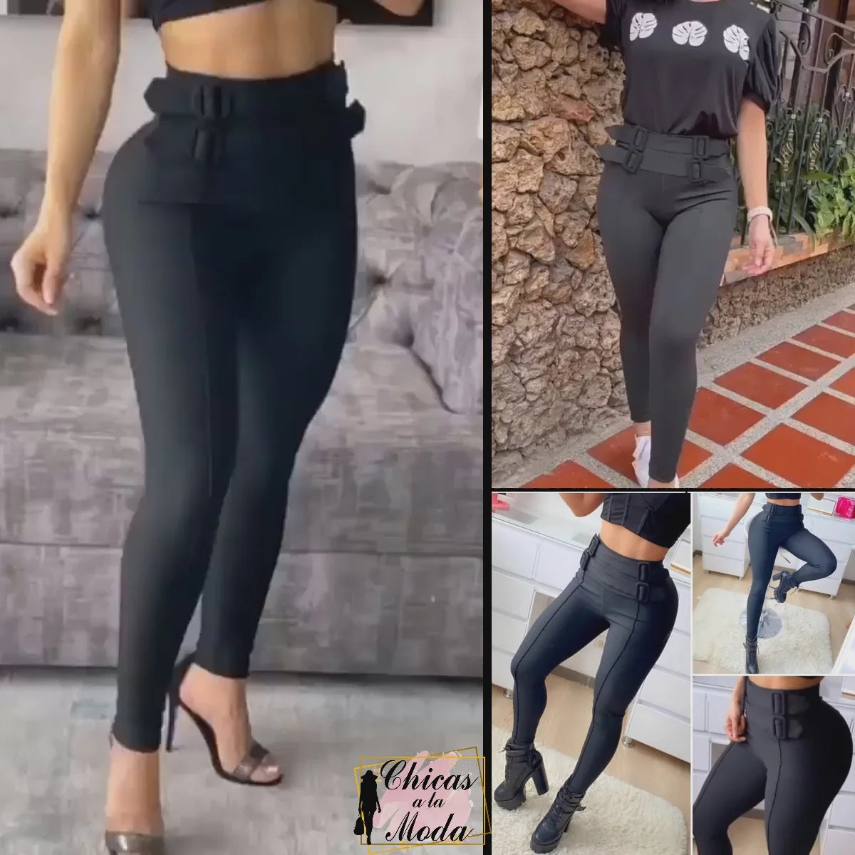 Leggins correas forradas negro en tela suplex